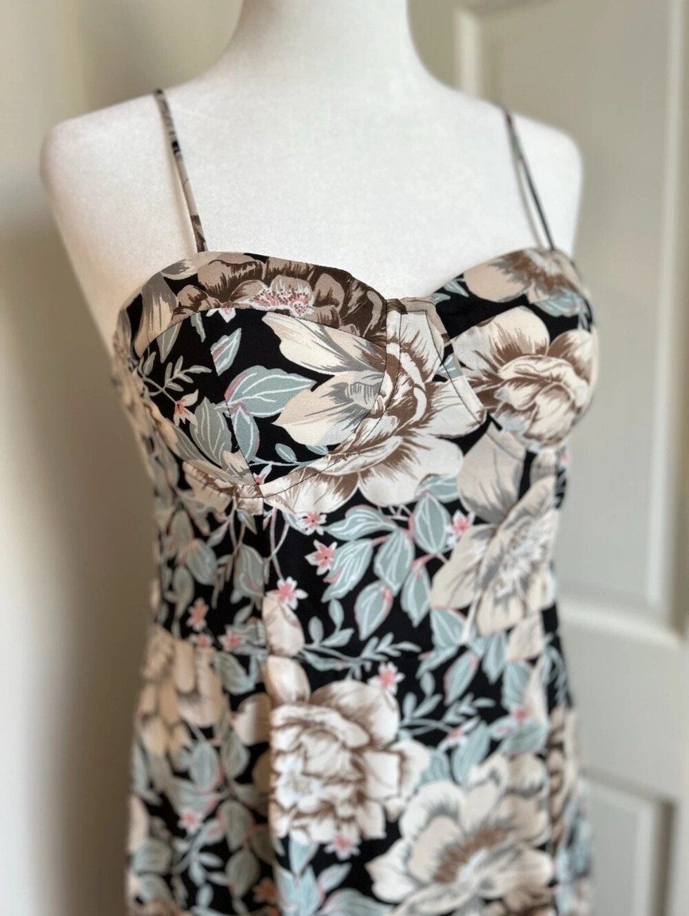 Floral Bustier Spaghetti Strap Dress — Black with Cream & Light Blue Flowers